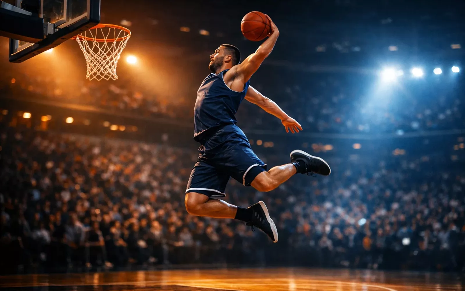 Basketballspieler beim Wurf in einer modernen Arena mit dramatischer Beleuchtung